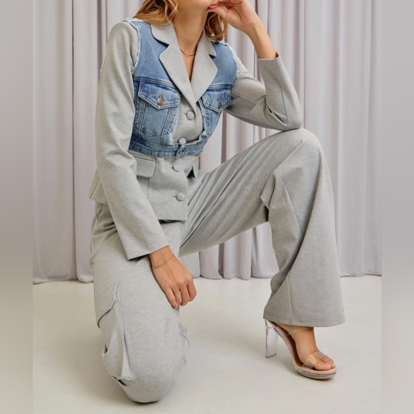 #494 SALE 🛑120 S,L HIGH END Mixed Fabric Denim Jacket+Pants Set - Picture 2 of 8